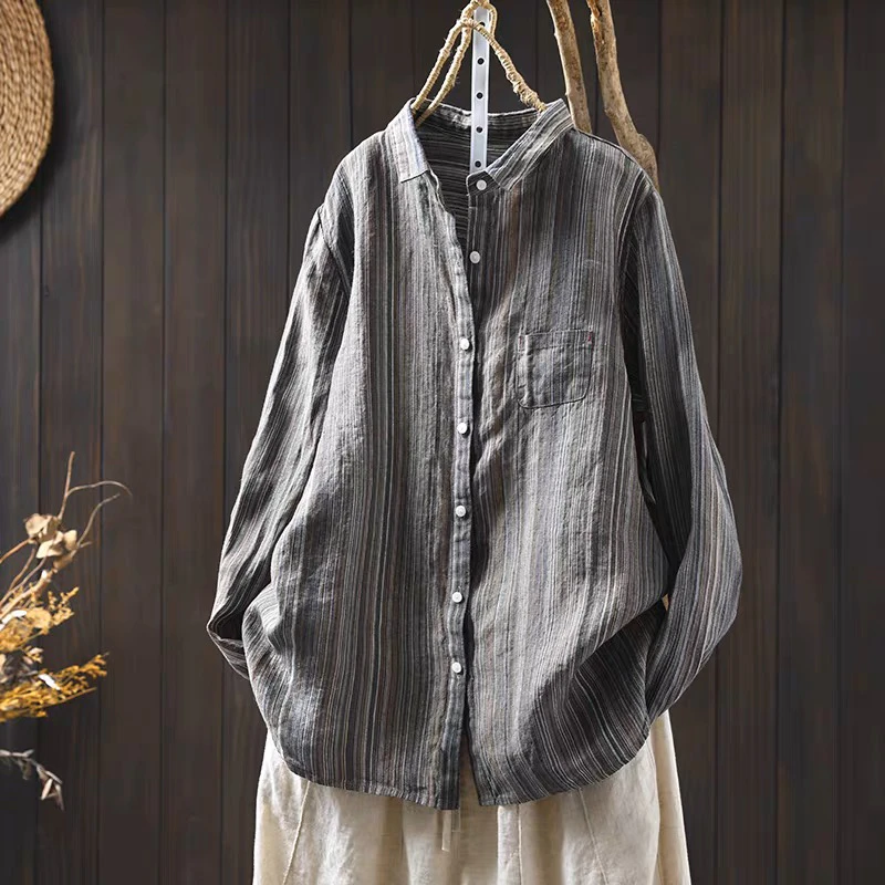 纯亚麻蓝色条纹衬衫女长袖2025春季新款复古休闲气质显瘦宽松上衣