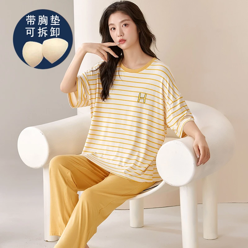 带胸垫莫代尔睡衣女夏季短袖长裤薄款家居服夏天凉感优雅宽松套装