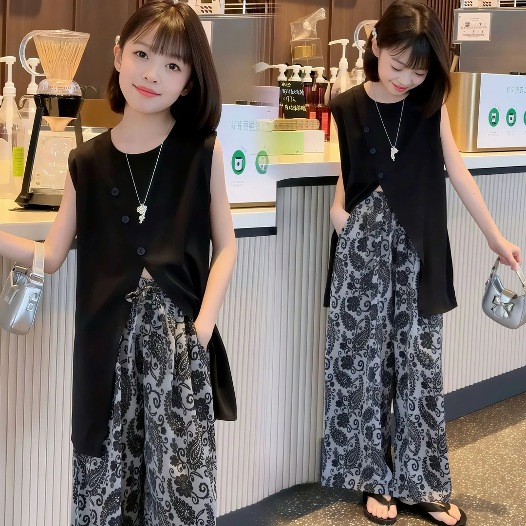 女童慵懒风2025夏新款百搭显瘦假日背心套装高腰设计感提花阔腿裤