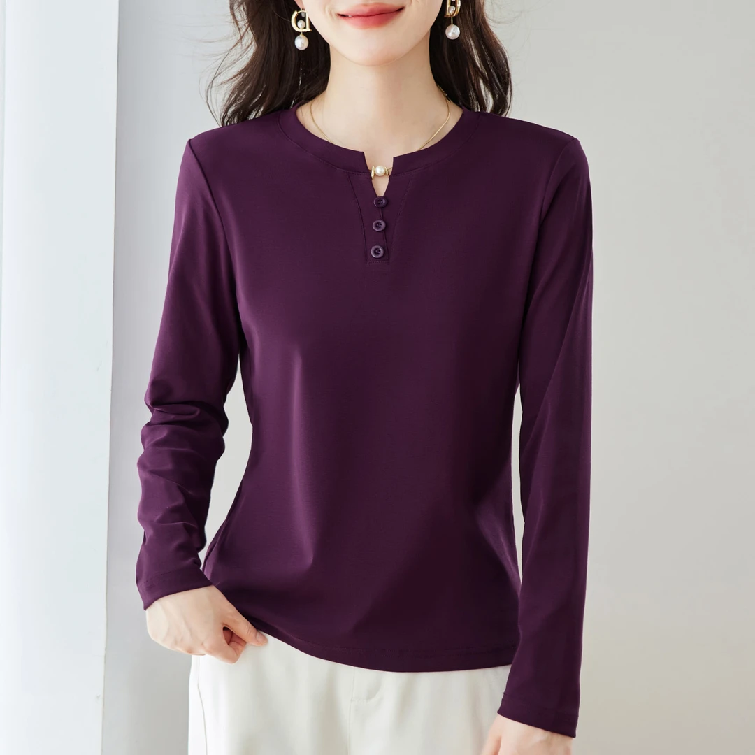 正肩V领精梳棉长袖t恤女2025新款春秋显瘦纯色时髦百搭上衣打底衫