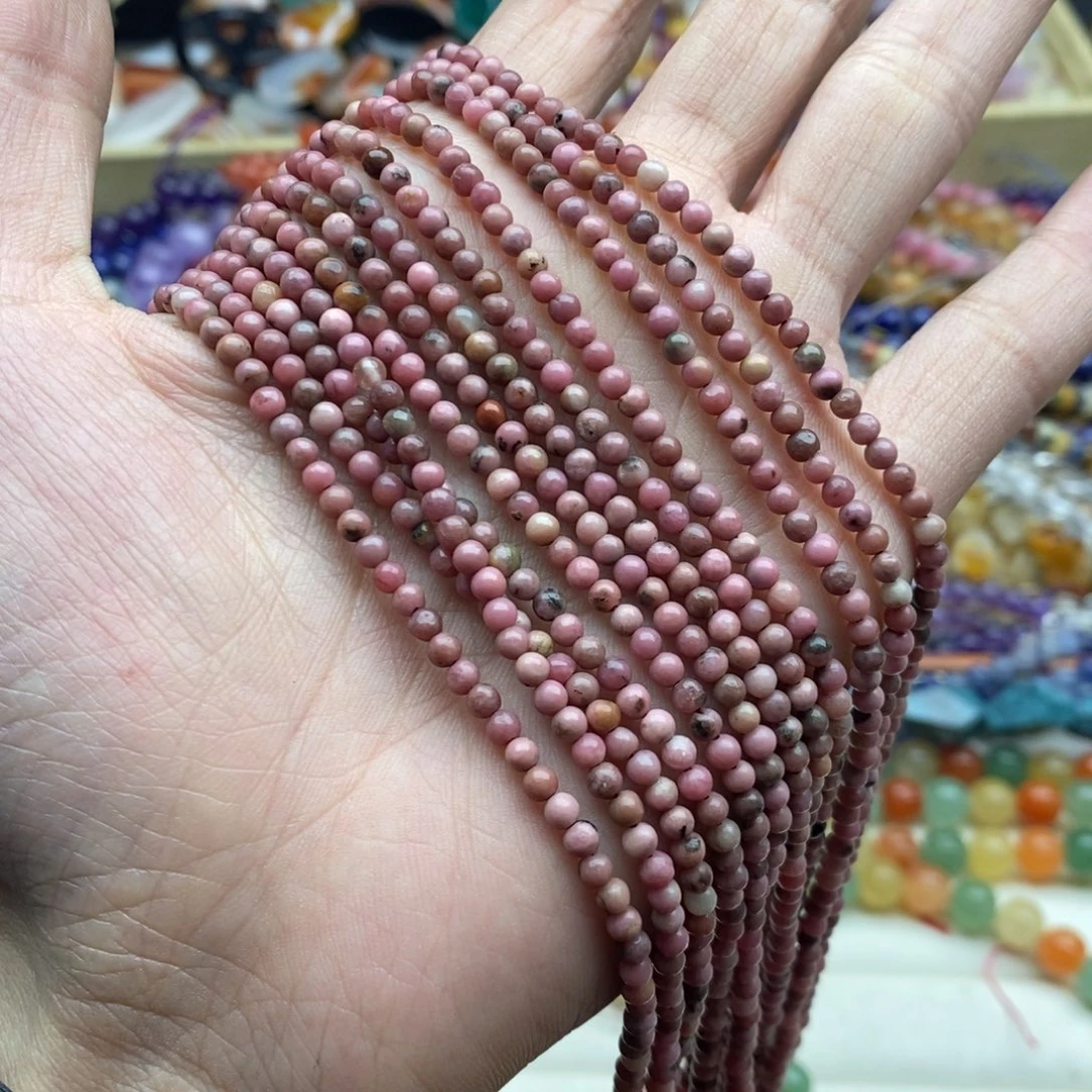 玛瑙/玉髓未镶嵌珠宝半成品一条纯天然3.4mm粉蔷薇石圆珠