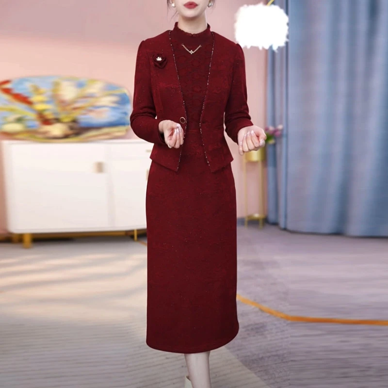 提花精纺两件套连衣裙2025新款红色婚宴气质套装裙子婆婆婚宴服
