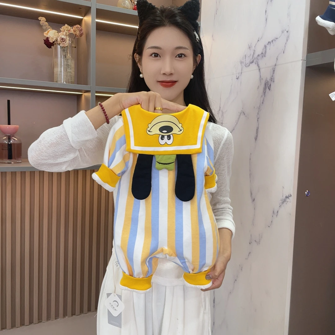 春秋季新款高飞狗卡通款竖条纹单兜潮萌婴儿幼儿双层宝宝衣服童装