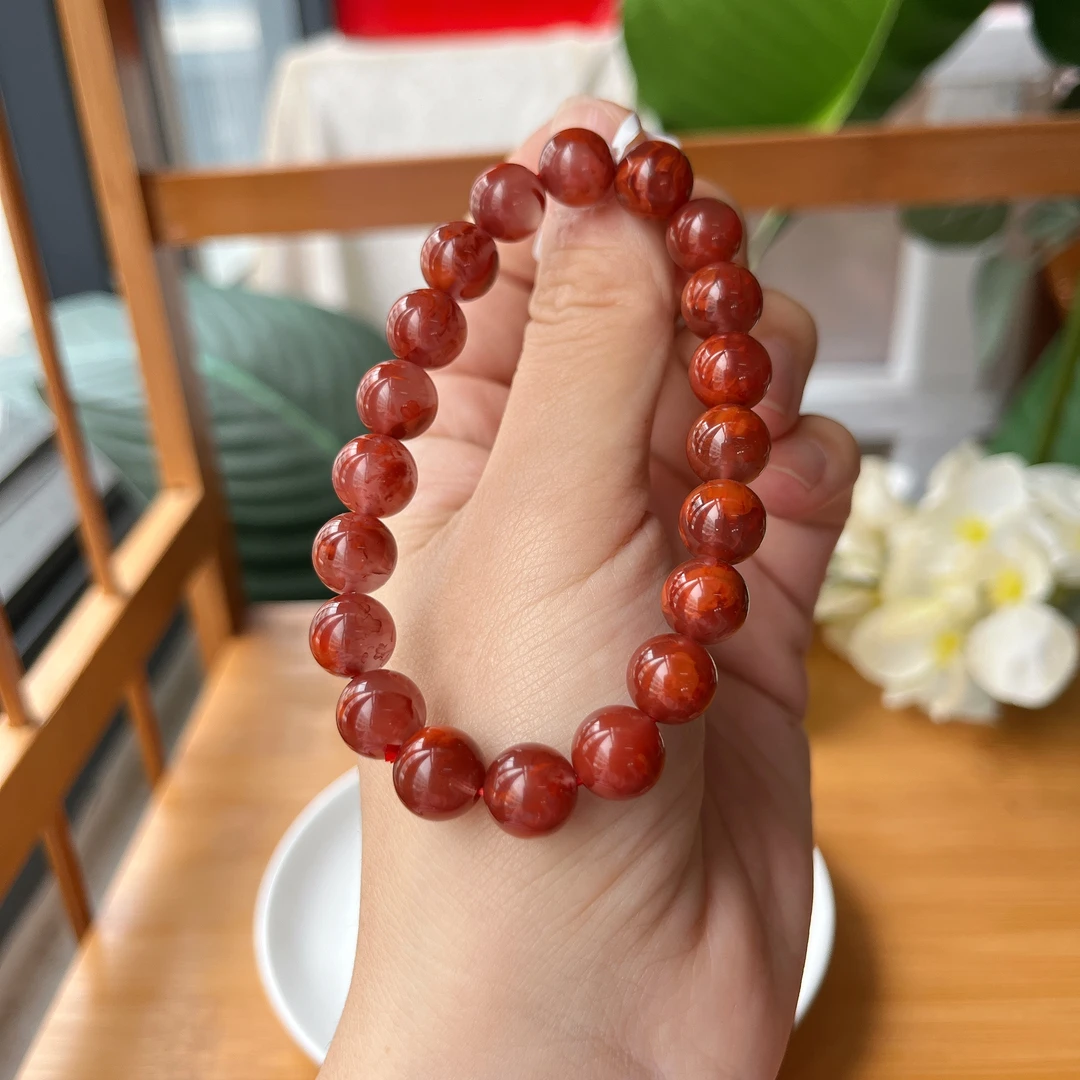 【郭老师】约9-10mm瓦西料火焰纹玫红底南红玛瑙圆珠单圈手串