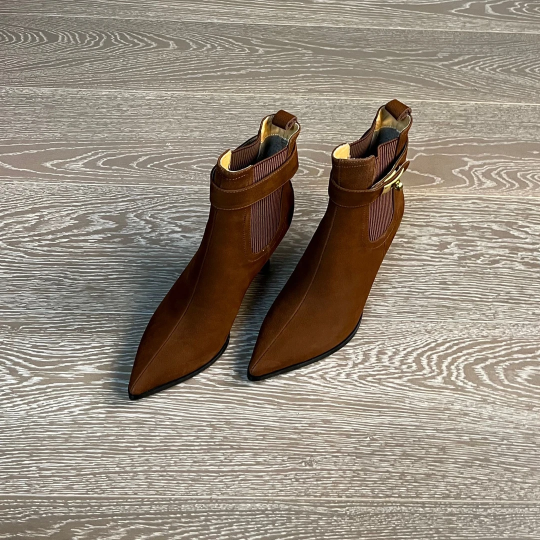 7.5CM牛皮冬短靴冬季高跟绒里秋冬极简风女靴尖头细跟气质防滑