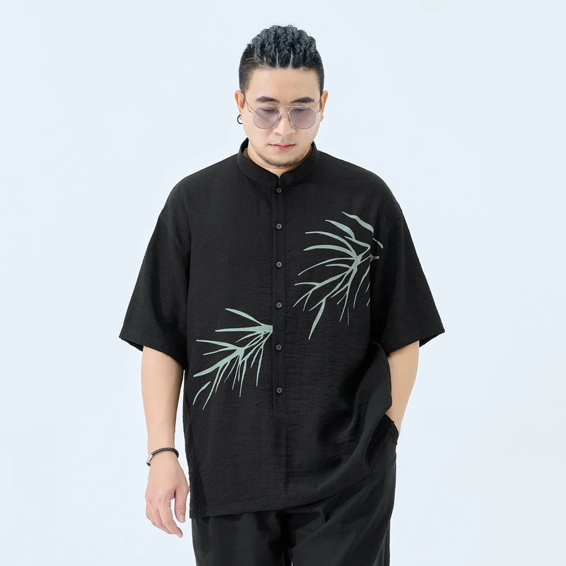 半墨大码男装新中式半开襟短袖衬衫男加肥加大开衫衬衣胖子夏0231