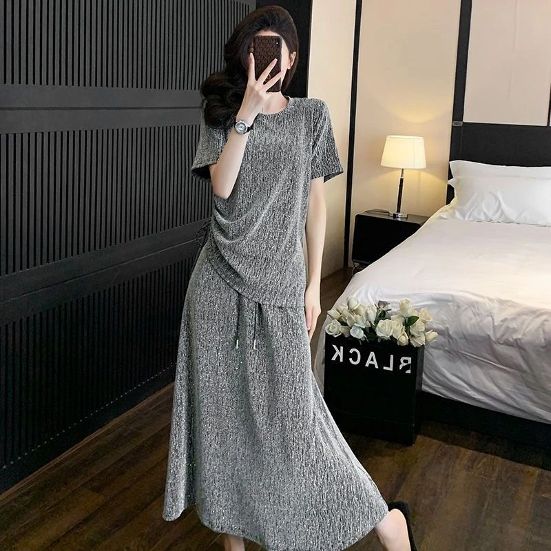 时尚套装爆款新款夏季上衣显瘦休闲减龄短袖运动洋气长裙两件套