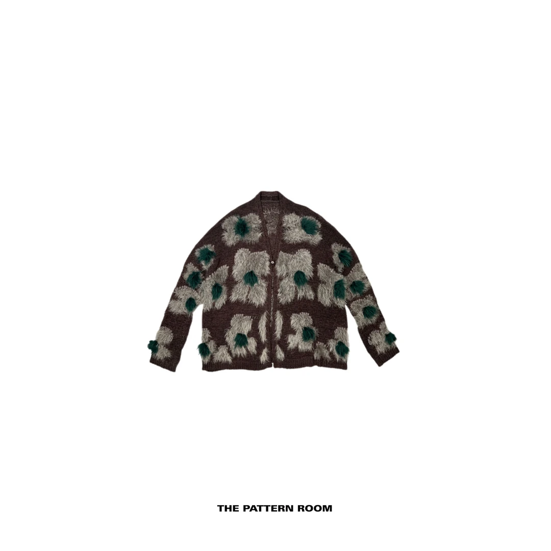 The pattern room | 优雅绽放柔雾灰绿撞色雪绒花精织开衫外套