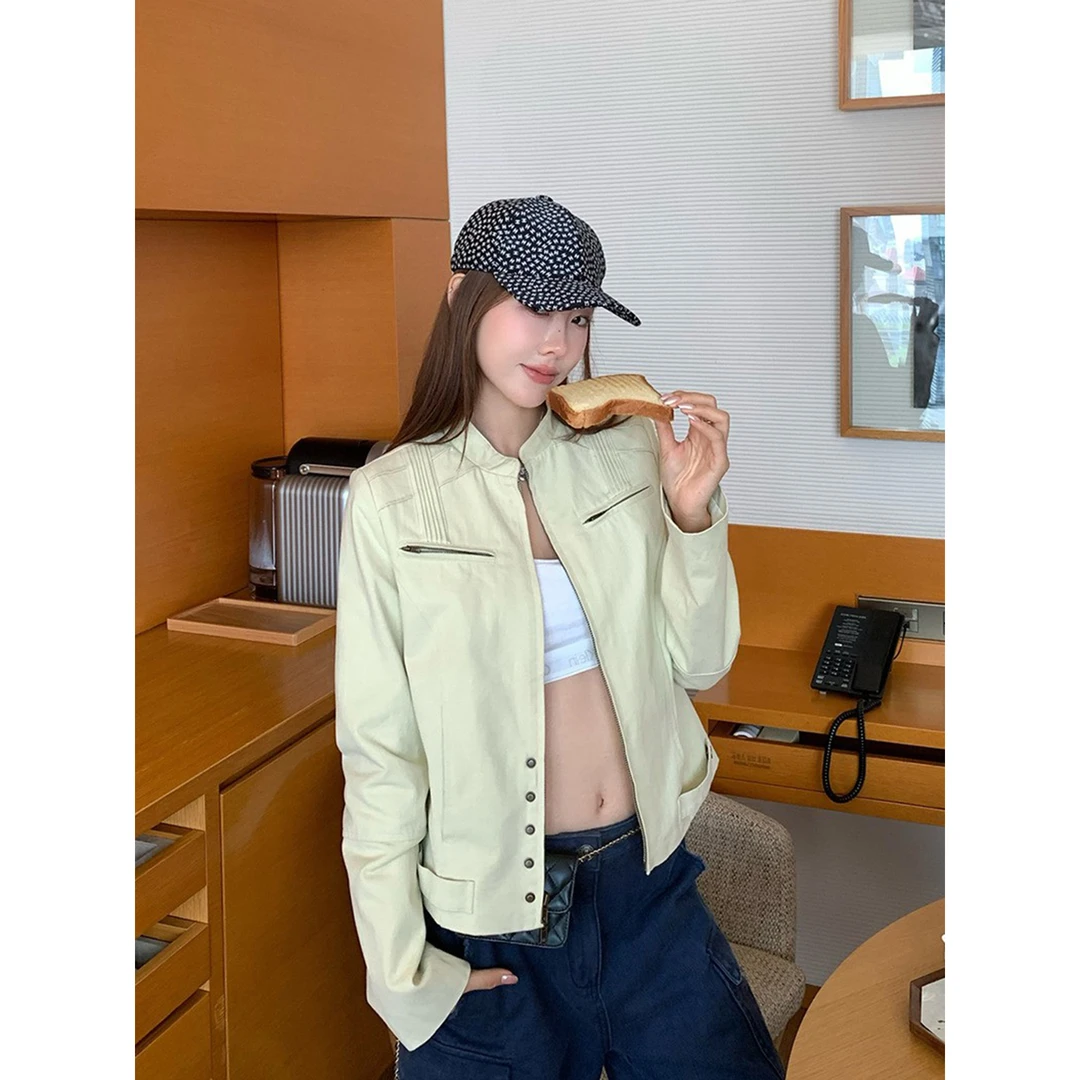 【天赋夹克】美式复古机车外套女秋季新款高级气质立领工装夹克上衣