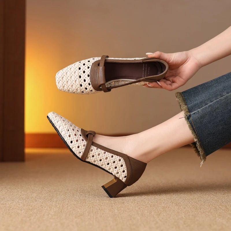 2025新款/4.5CM/牛皮/春夏纯色真皮通勤百搭方头软底中跟鞋女鞋