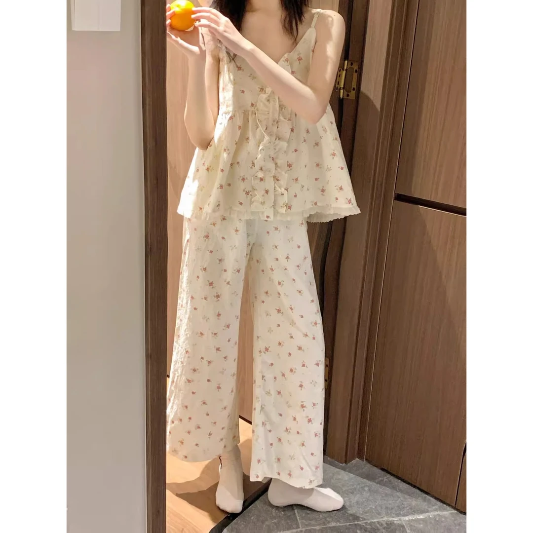 韩系甜美碎花V领吊带睡衣女夏季新款宽松显瘦舒适家居服套装外穿