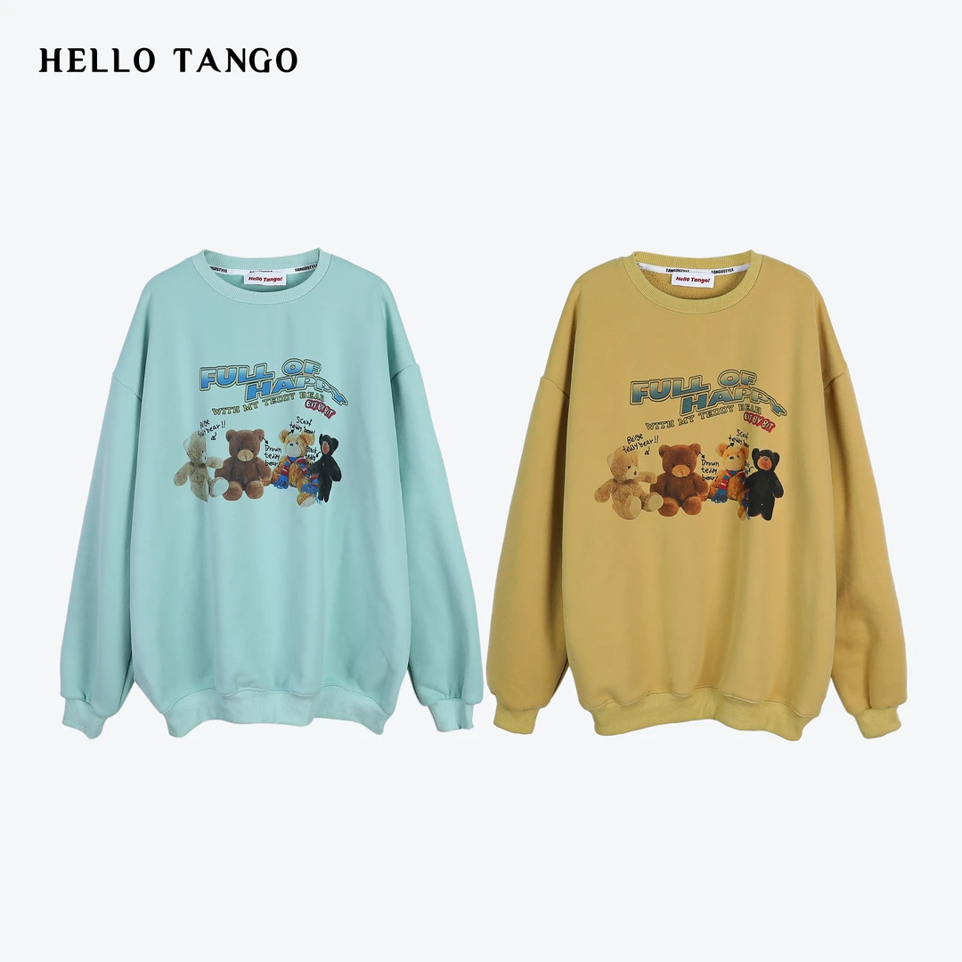 HELLOTANGO《泰迪小熊》韩版卡通图案百搭加绒圆领套头卫衣84893#