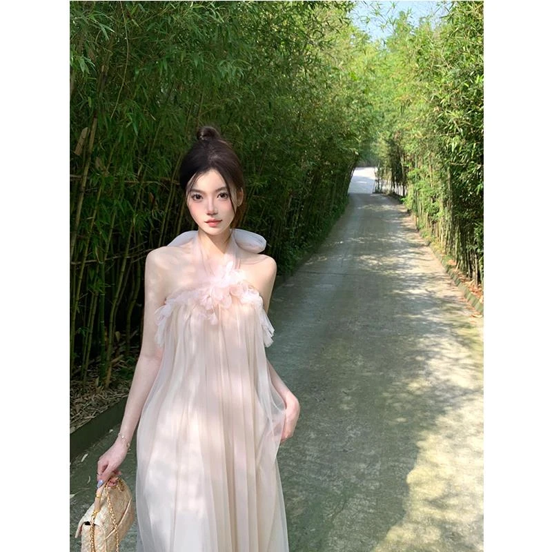 茶歇法式挂脖吊带连衣裙仙女气质生日小礼服晨袍海边度假沙滩长裙