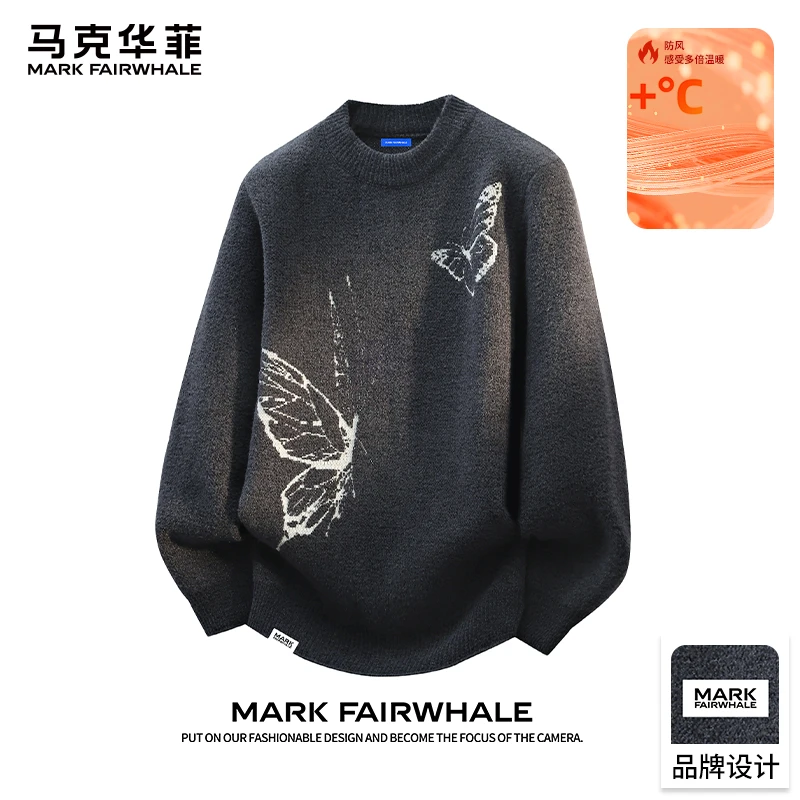 马克华菲设计感圆领毛衣男秋冬季慵懒风针织衫男生复古休闲毛线衣