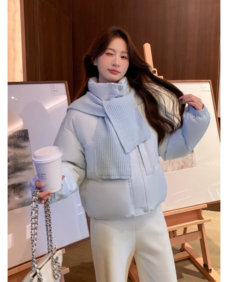 立领针织披肩厚款优等品女短款冬季宽松短外套保暖面包服棉服秋季