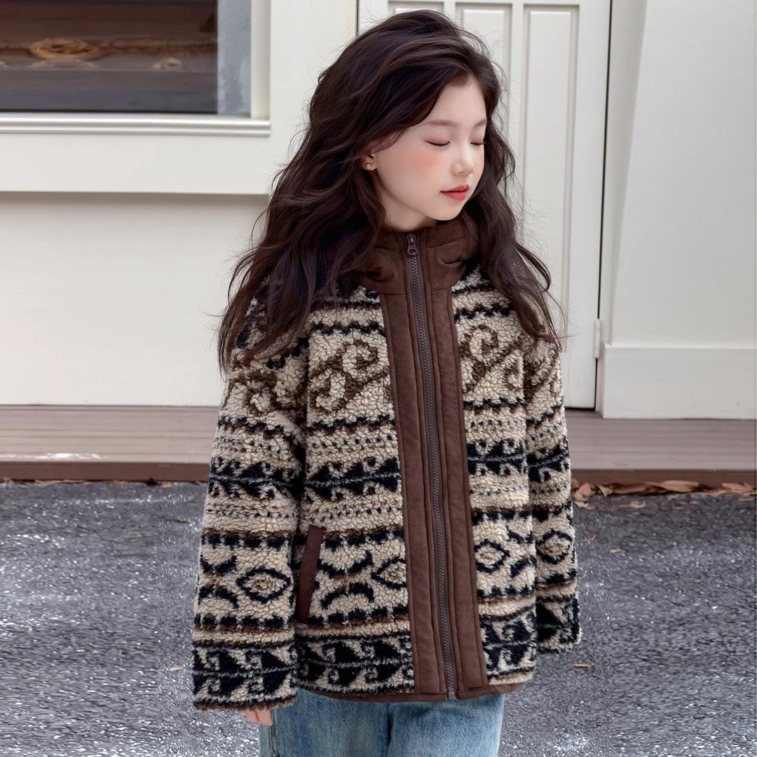 女童中大童费尔岛加厚洋气棉服女童印花条纹中大童休闲风碎花连帽