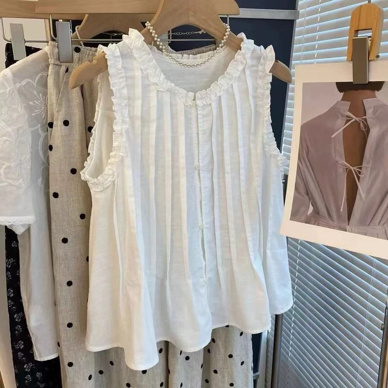 2025年韩版甜美花边圆领压褶单排扣无袖衬衫木耳边瘦百搭衬衣背心