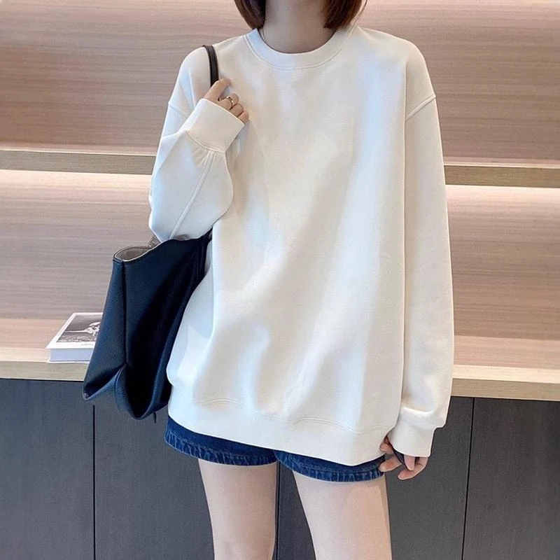 白色长袖棉卫衣女2025春秋冬新款圆领百搭宽松爆款休闲打底上衣衫