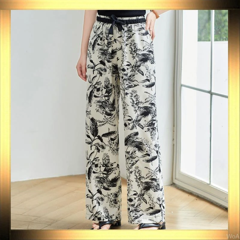 直筒印花裤子女百搭阔腿长裤宽松雪纺新款春爆款夏薄款小个子收腰