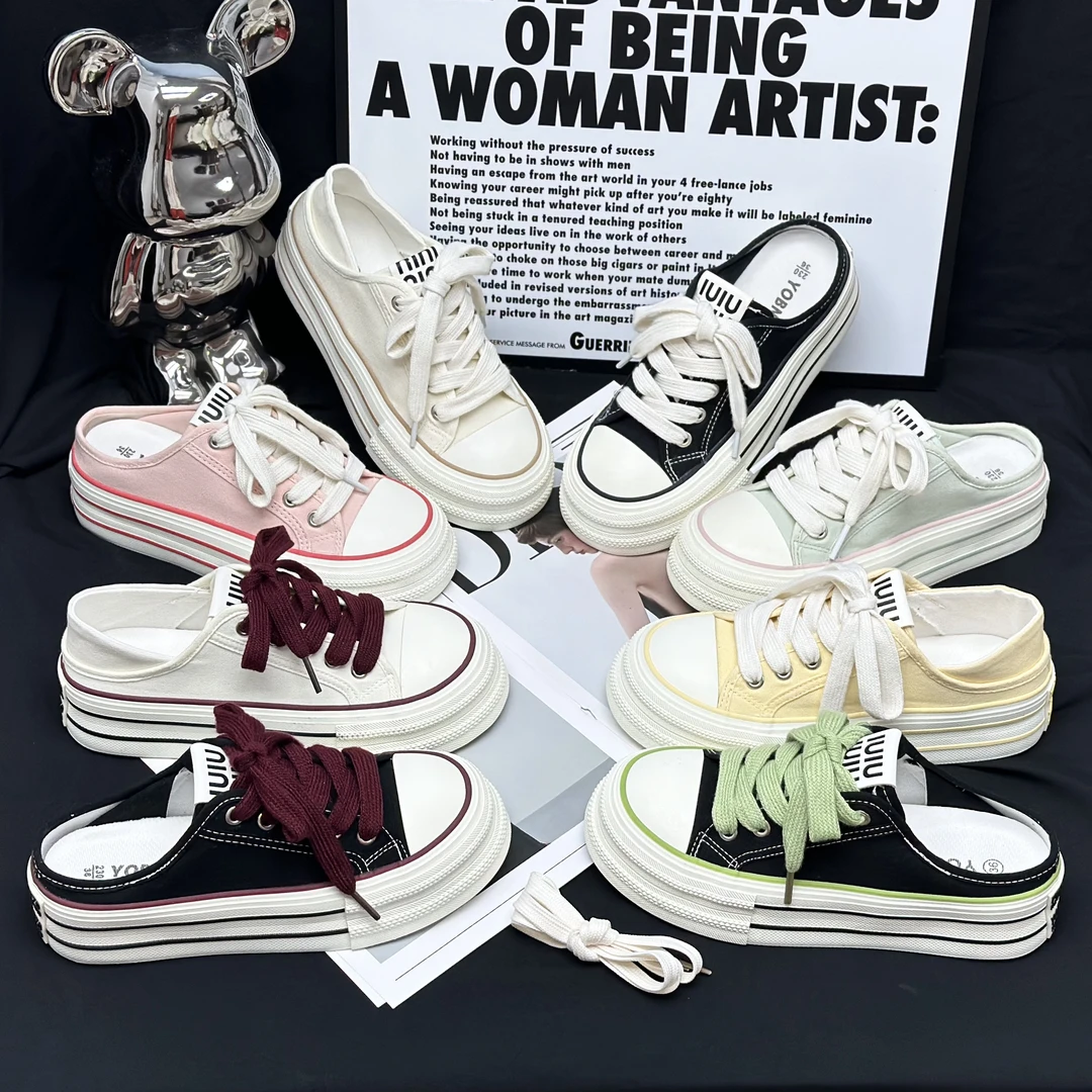 【Li】2025新款春夏季系带鞋踩跟两双百搭帆布鞋厚底透气小白鞋女鞋