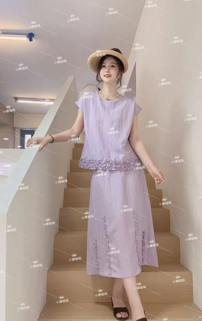 小雅姐姐  韩版简约花边设计松弛慵懒百搭休闲套装IX12