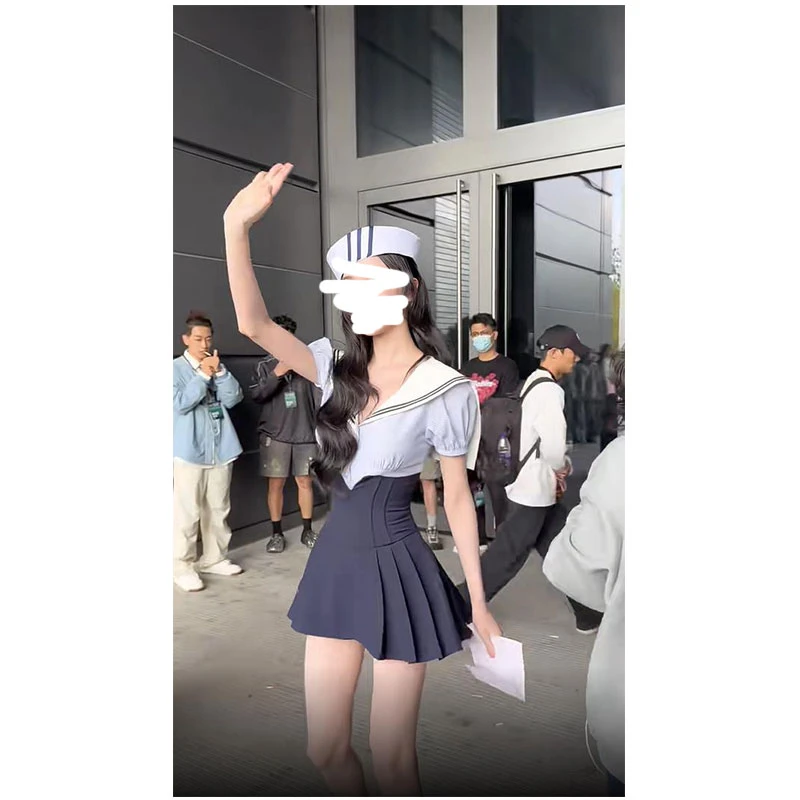 高级感学院风水手服套装女夏季新款海军领衬衫上衣百褶裙两件套女