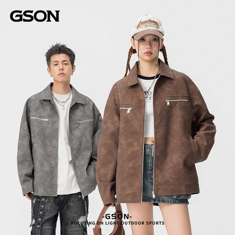 GSON复古PU皮外套男女潮牌春季新款街头宽松翻领休闲机车皮衣夹克