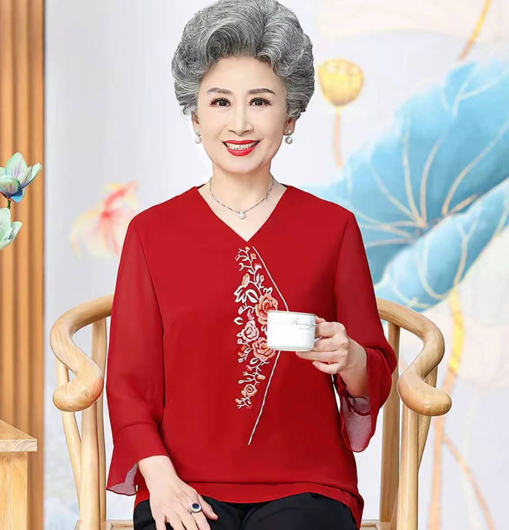 3014-中老年女装新款V领刺绣温柔妈妈装