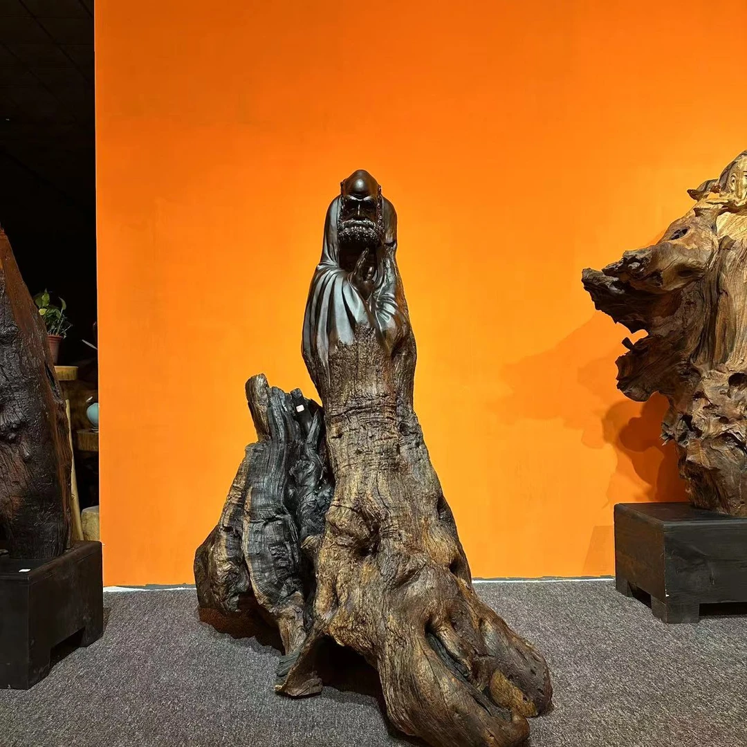 《悟道·达摩》鸡翅木手工雕刻落地摆件 尺寸：112-158-166
