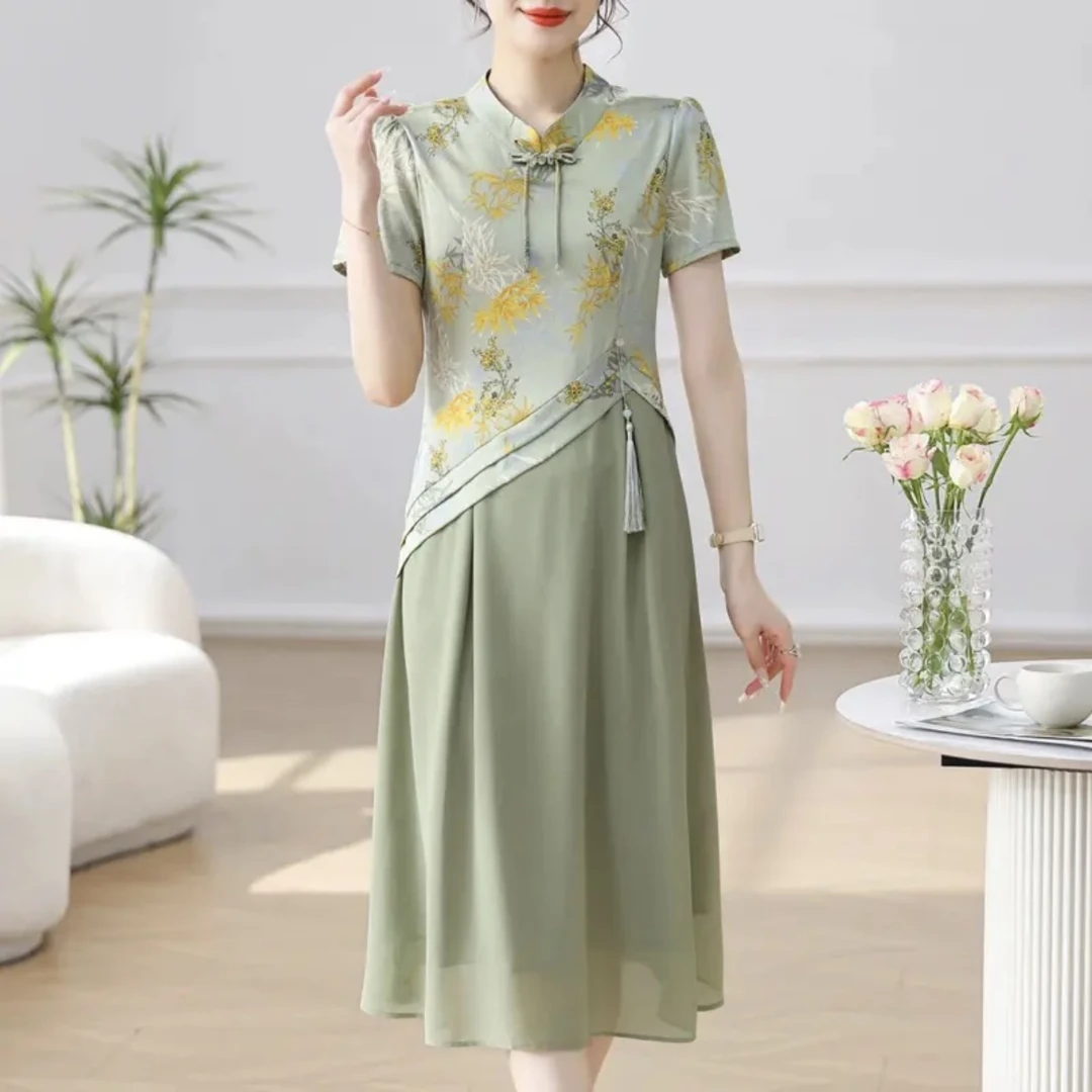 22清D1时尚轻熟印花旗袍短袖连衣裙