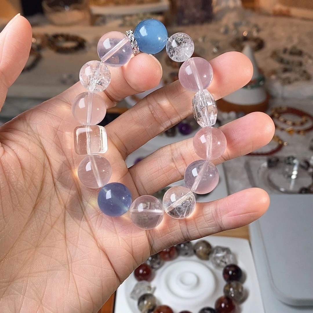 水晶手链未镶嵌阿****～粉晶海蓝宝