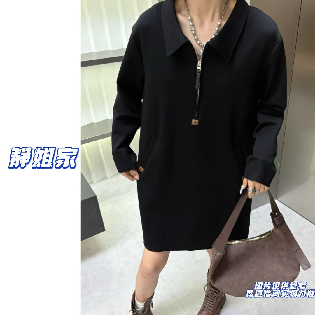 JING定制大码HK78秋季新款百搭休闲中长款拉链卫衣裙