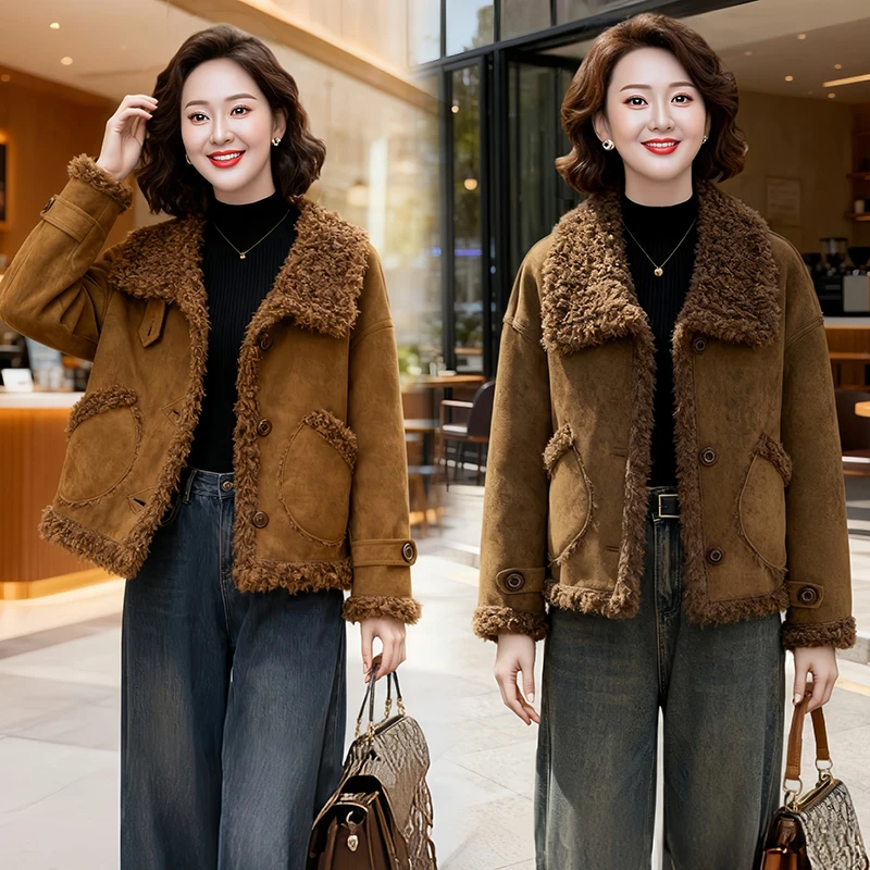 入冬漂亮衣服翻领短外套女装加绒洋气仿皮毛一体保暖厚款毛毛外穿