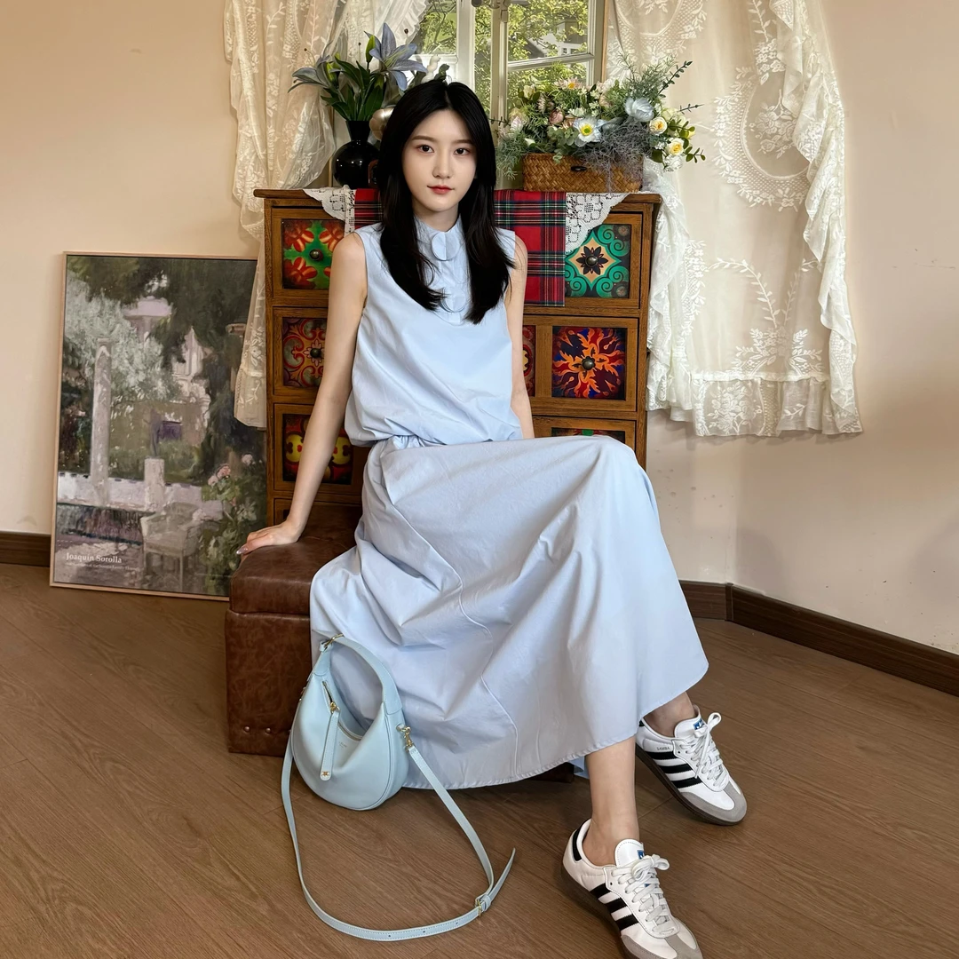 『朱小姐』立领无袖花苞背心 松紧腰A字半裙 F952