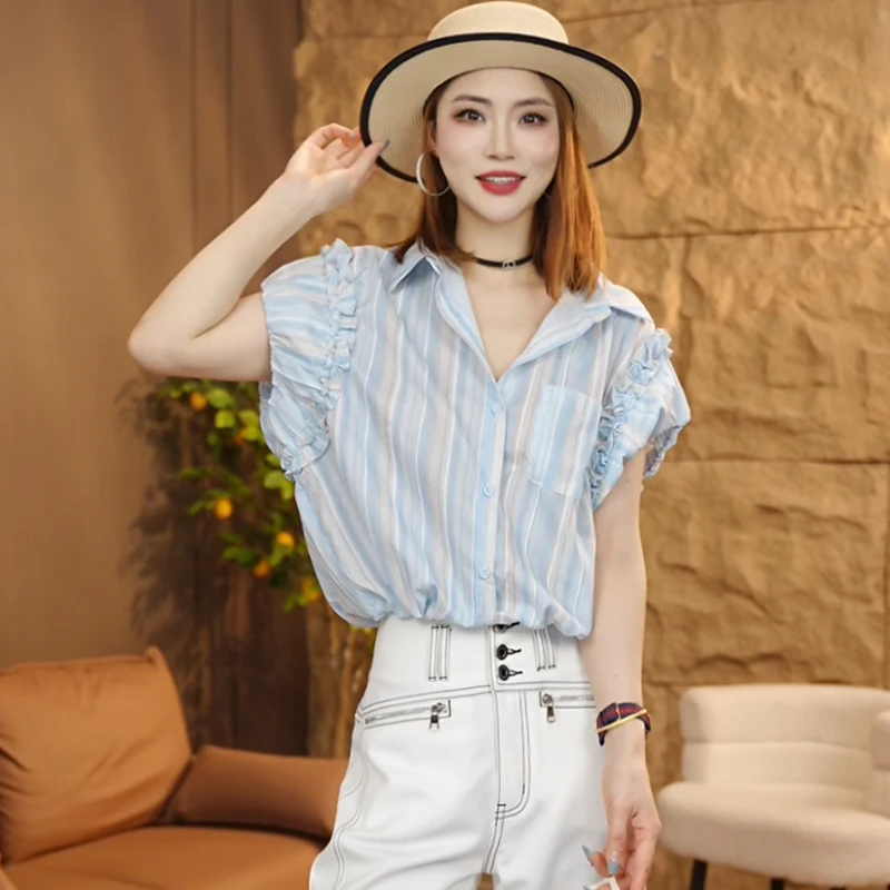 【亦橙专属】撞色竖条纹短袖衬衫女夏季新款显瘦气质百搭抽绳上衣