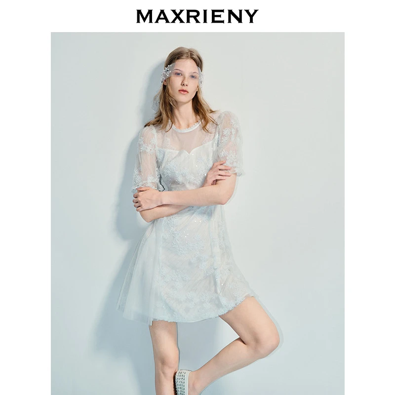 MAXRIENY25年夏季新款国风优雅刺绣重工连衣裙收腰泡泡袖绣花裙子