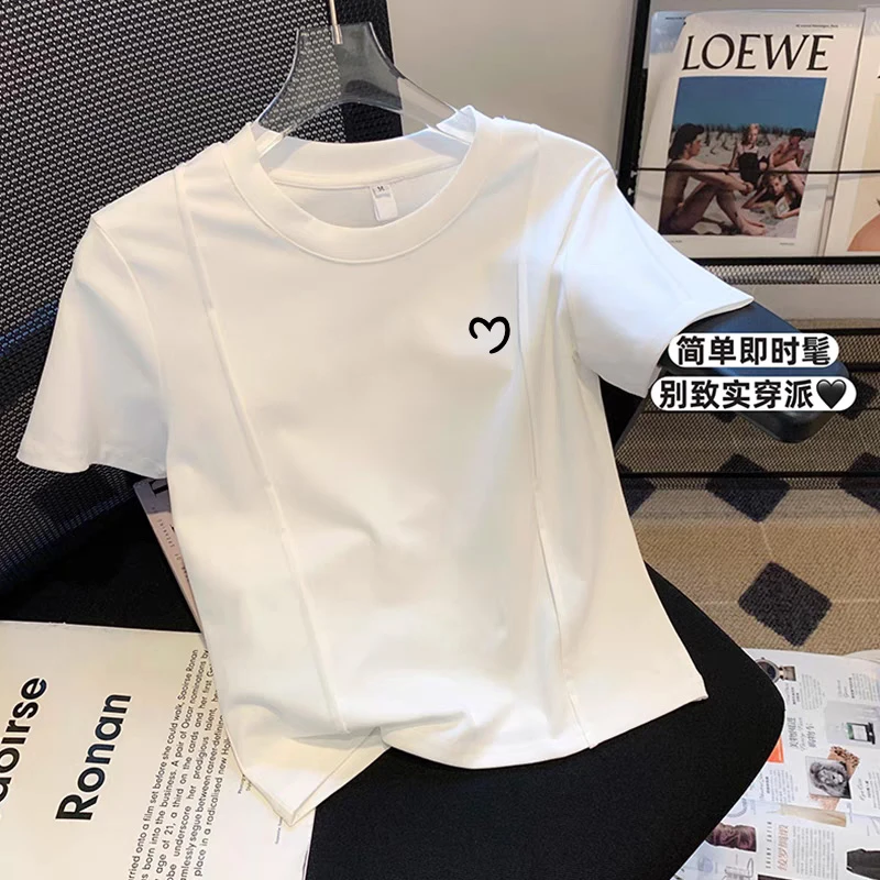 正肩拉直条磨毛短袖t恤女2025新款白色时尚百搭厚款打底上衣夏季