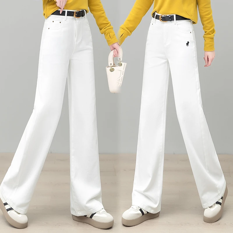 春秋新款长裤白色牛仔弹力小个子窄版显瘦阔腿裤直筒宽松休闲裤子