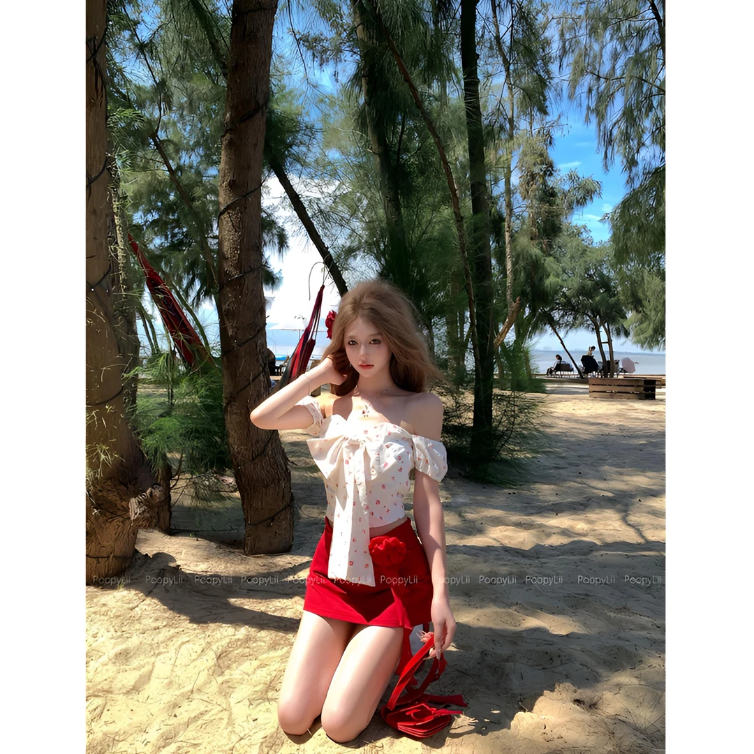 热浪霓虹 夏季新款纯欲风蝴蝶结小碎花套装一字肩女夏短裙两件套