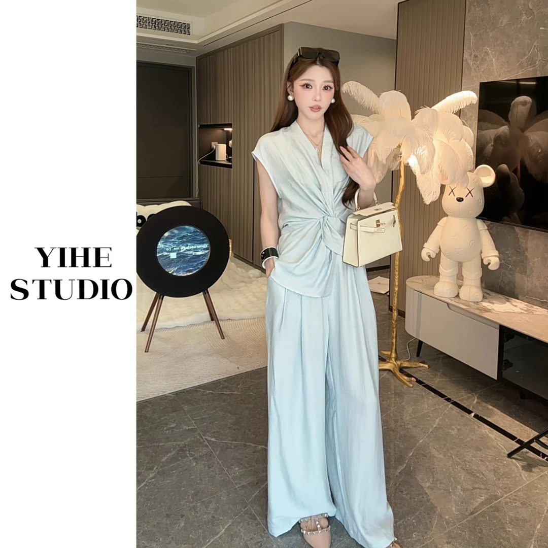 2025/YH| 盛夏物语  高级不对称解构扭结上衣/高腰双褶阔腿裤套装