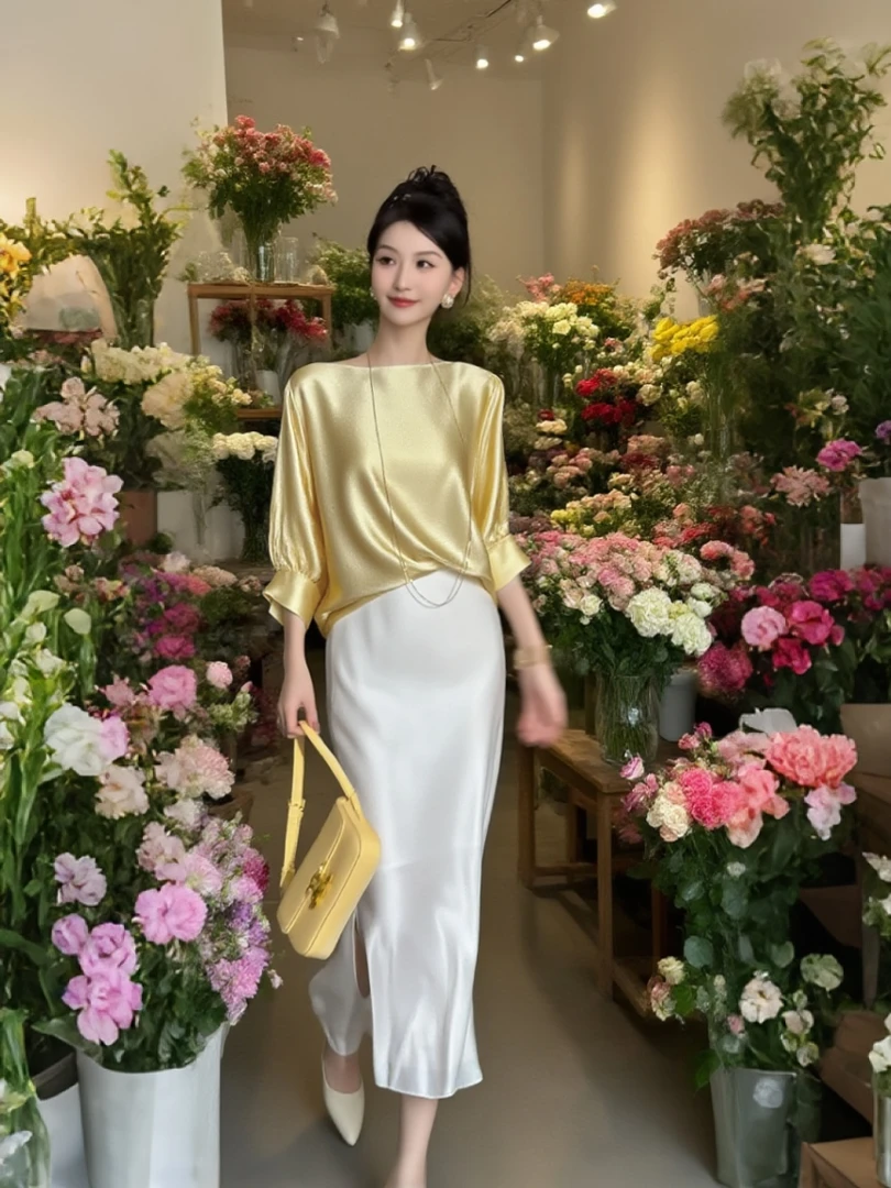 新款夏季三色一字领醋酸七分袖蝙蝠袖衬衫时髦阔太太鱼尾裙半身裙