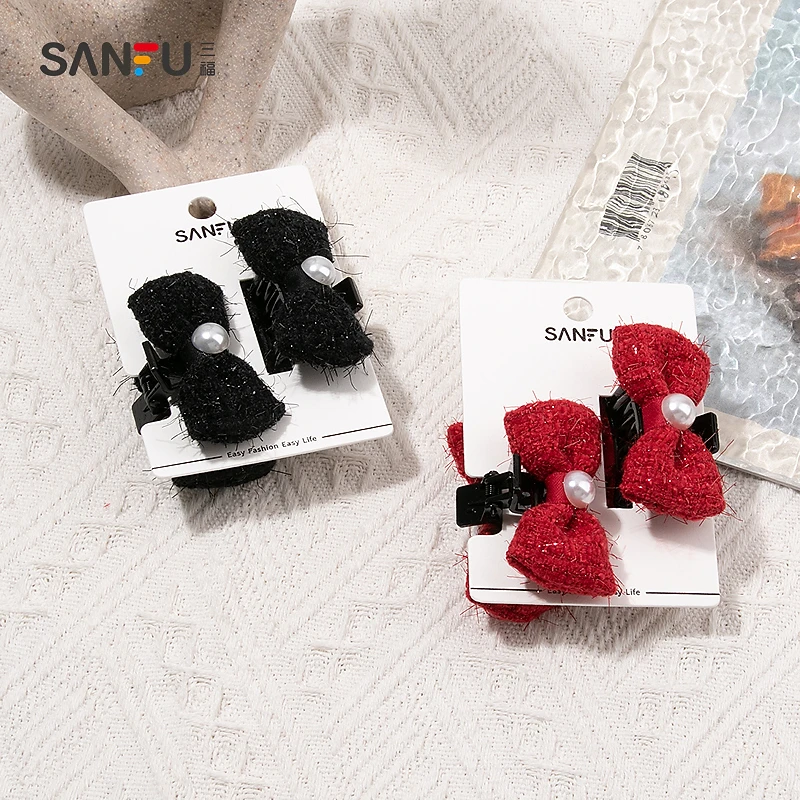 三福少女心黑红拉毛结爪夹一对 时尚发饰配饰气质发夹839604