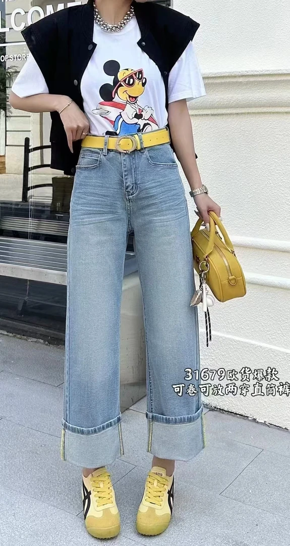 （31679X）复古春季新款百搭两穿小个子九分直筒牛仔裤