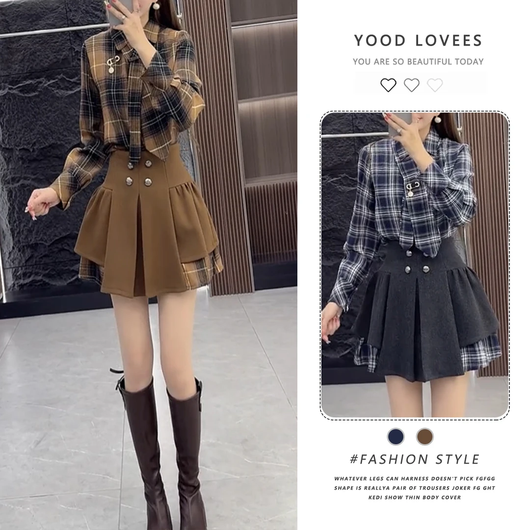 2025冬季新款复古格纹可拆卸领带衬衫+高腰撞色A字半身裙两件套女