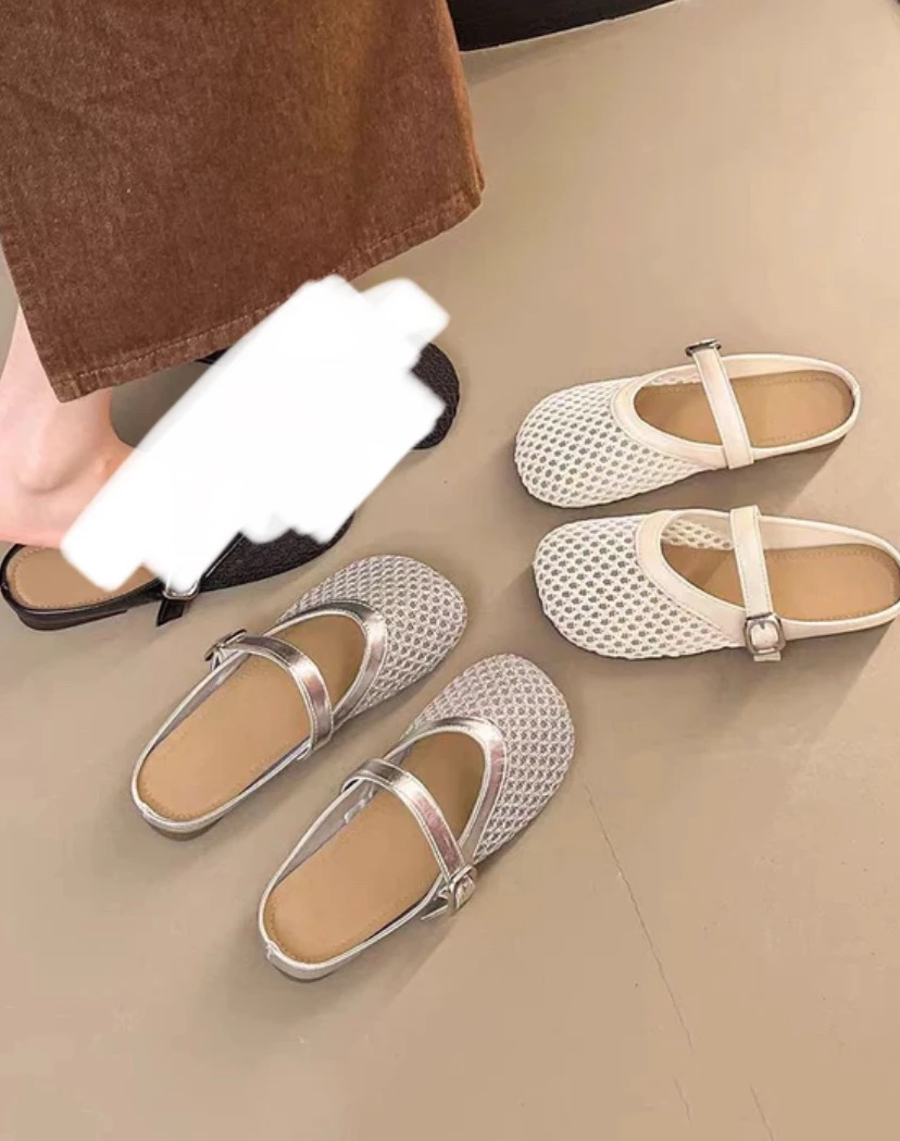 修面皮包头仙女风平跟中跟包头拖温柔圆头低跟方头-7702