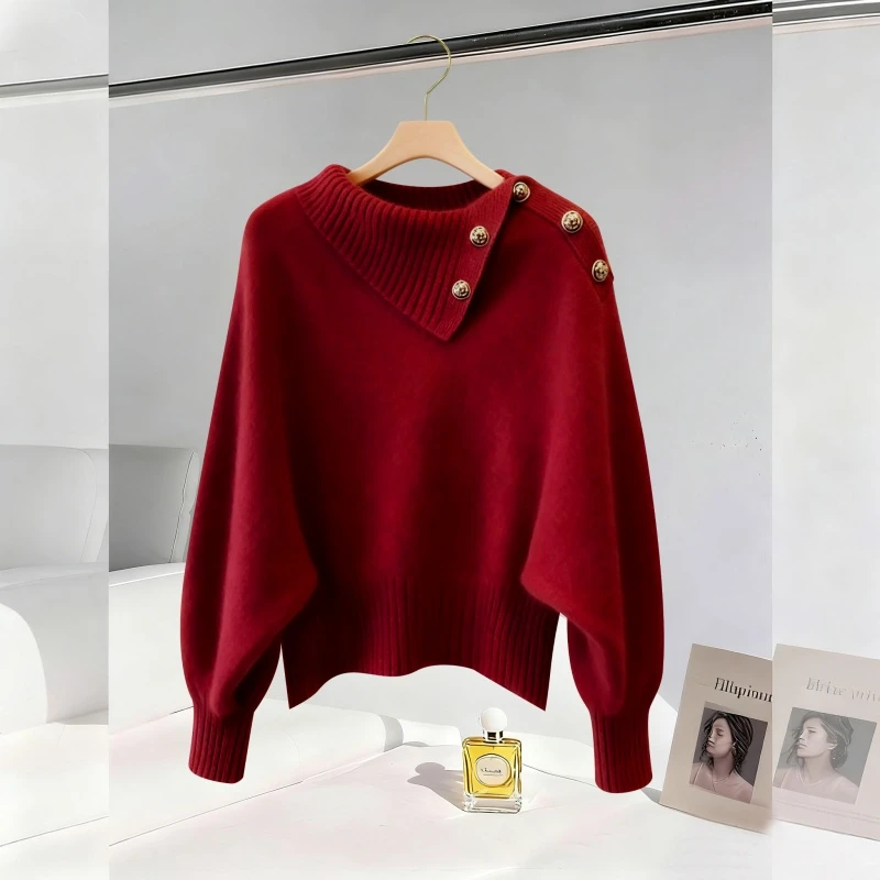 美拉德红色轻熟风翻领毛衣女秋冬高级感慵懒老钱风针织衫内搭上衣