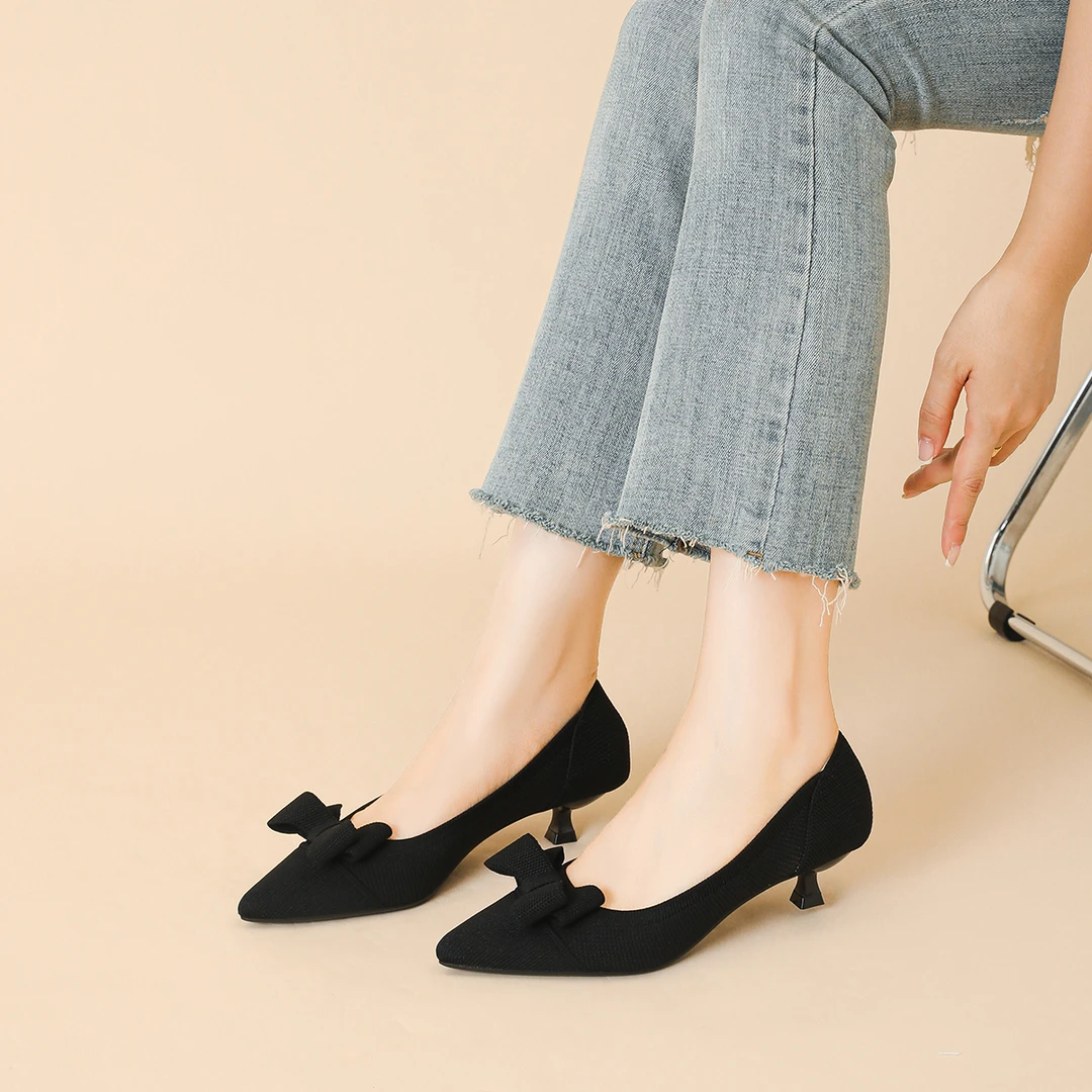 鞋子女新款爆款百搭时尚尖头中跟单鞋高跟鞋女细跟浅口蝴蝶结