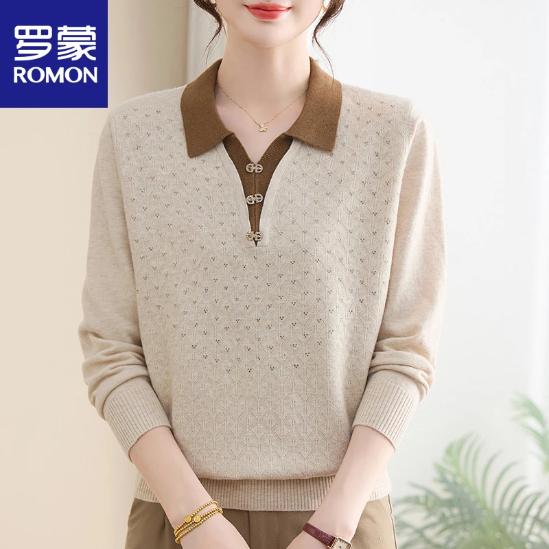 罗蒙妈妈秋装翻领针织衫毛新款秋冬洋气上衣中老年女50岁打底衫