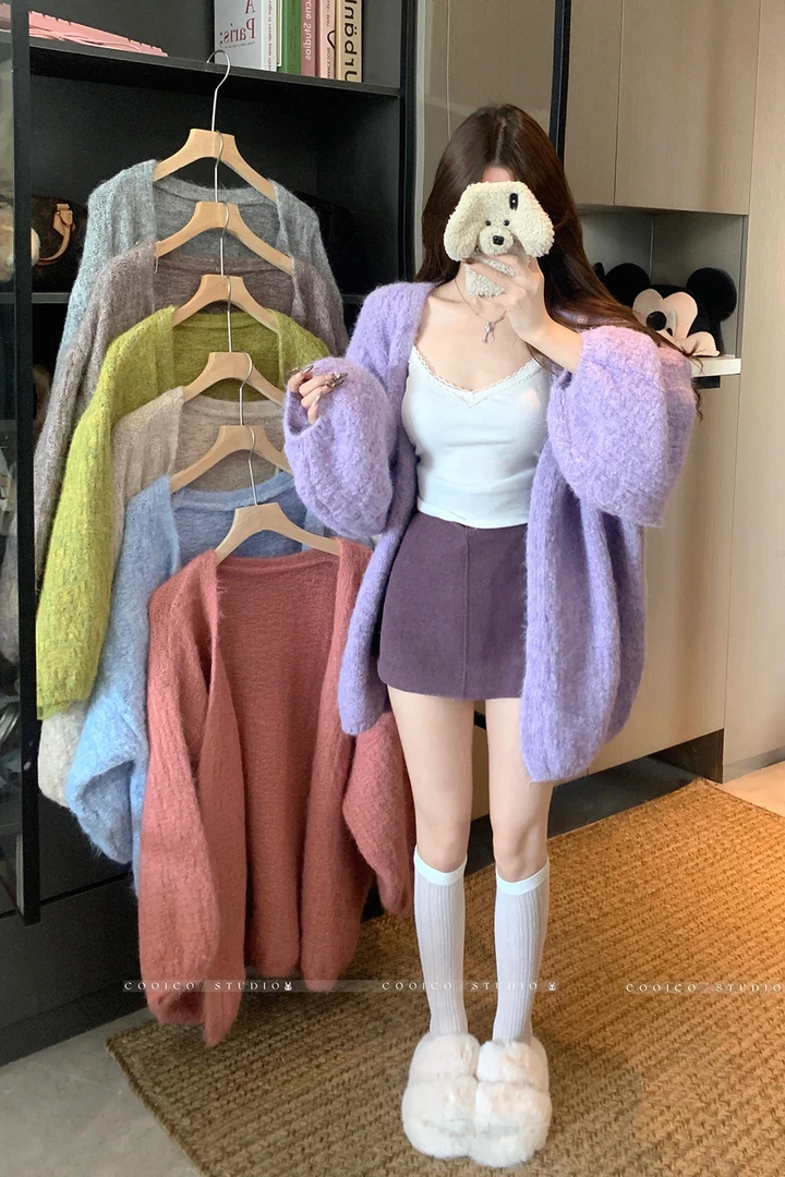 芝兰~2025秋新款韩系慵懒风针织开衫外套毛衣纯色流光风同款上衣