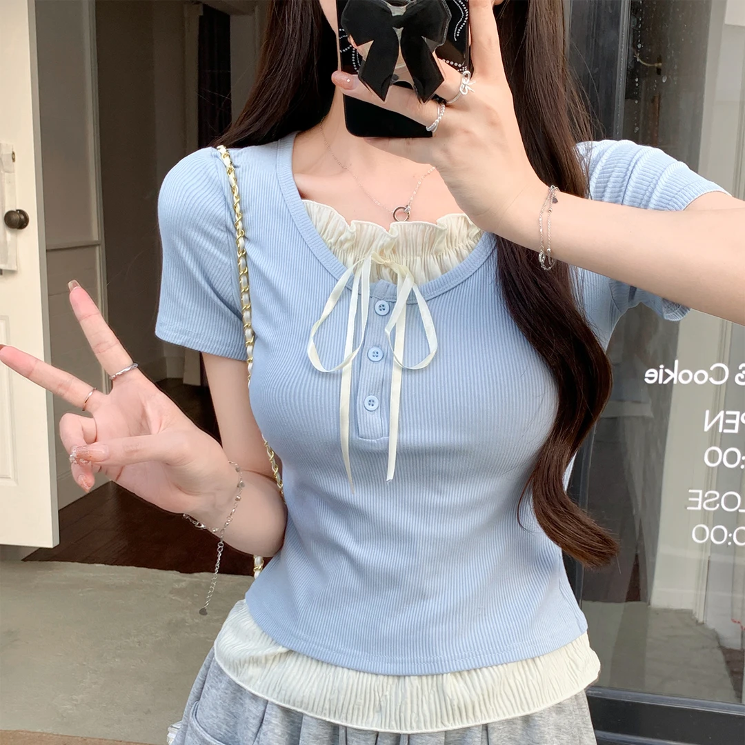 甜美系带假两件短袖t恤女荷叶边2025夏新款设计感修身小众上衣潮